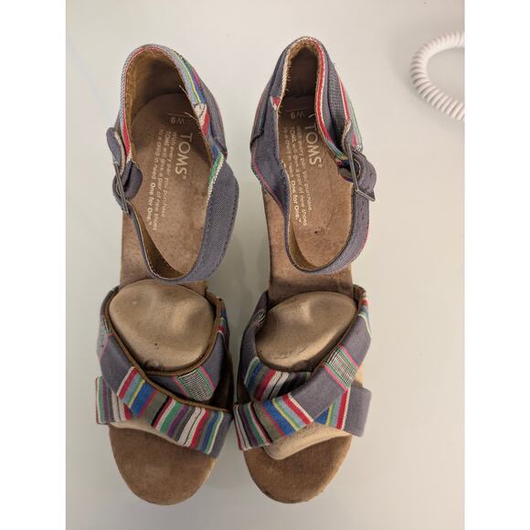 TOMS Women's Casual Wedge Sandals Blue Stripe Fabric Ankle Strap Platform Size 9 - Picture 3 of 9